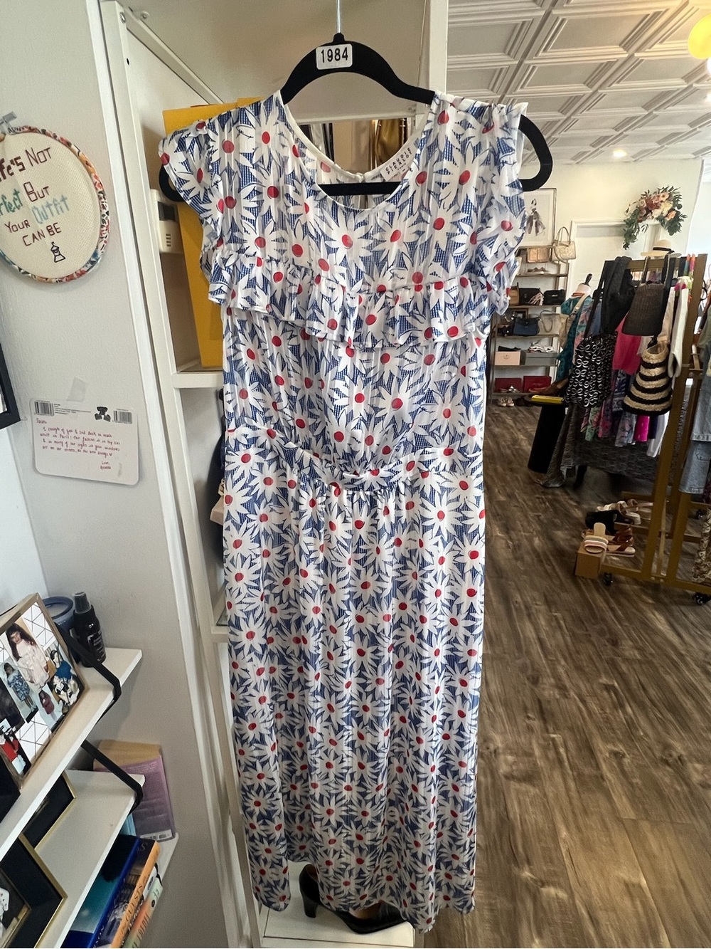 Claudir Pierlot White Maxi Dress with Blue Floral Print and Red Accents